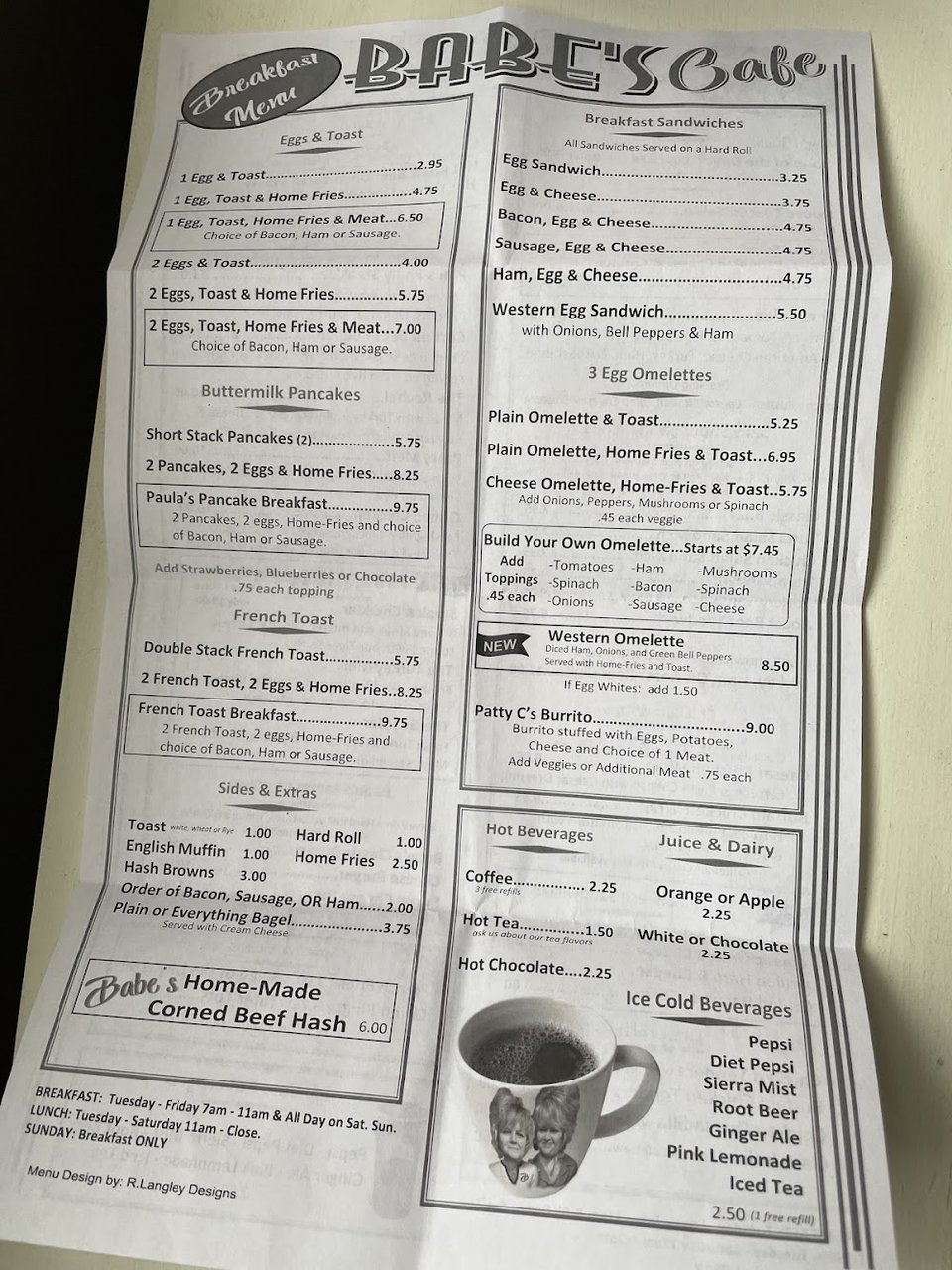 Menu page with salads and entrees